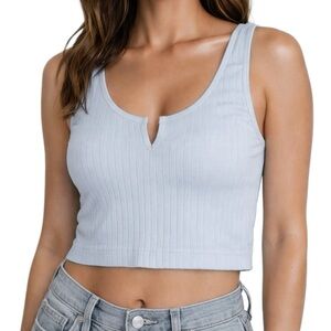 Powder Blue Ribbed Brami Crop Top with Notched Neck